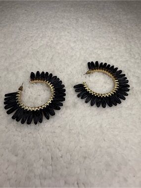 Gold Hoop Earrings with Black Petal Fringe